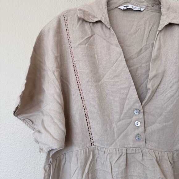 Zara Lace Trim Linin Blend Mini Dress Sand Size Medium Collared Short Sleeve - Picture 3 of 8